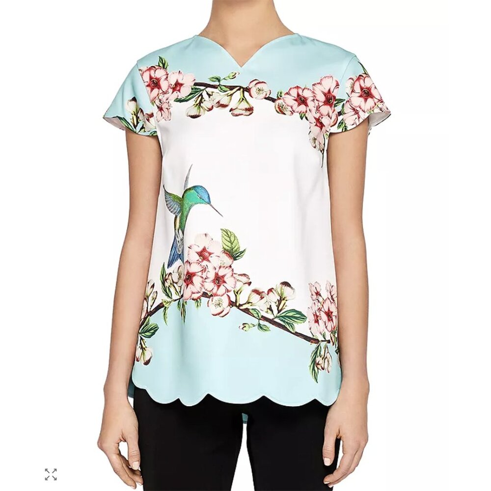 Ted Baker London Women Elmy Nectar Scalloped Top Size 1 US 4 Short Sleeve Floral